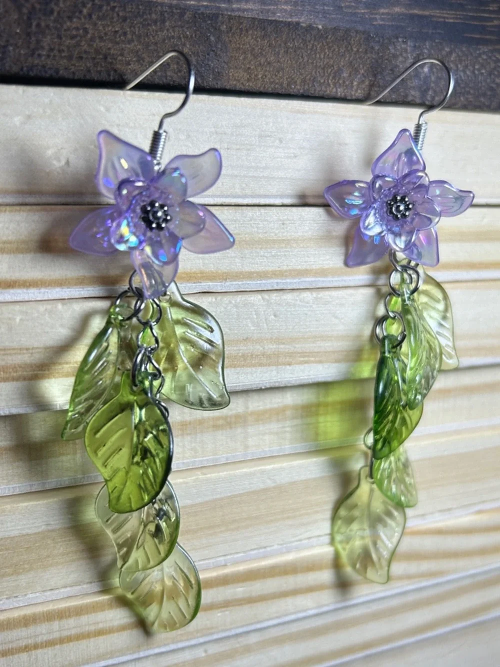 Purple Flower and Green Leaf Dangle Earrings - Women's Jewelry